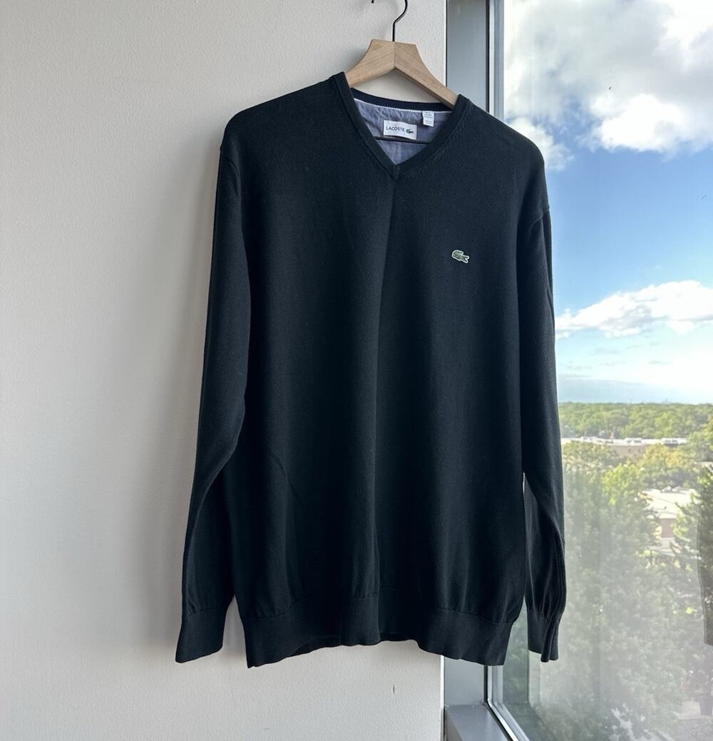 Lacoste Black Tight-Knit Cotton V-Neck Logo Pullover Sweater Men's 4XL